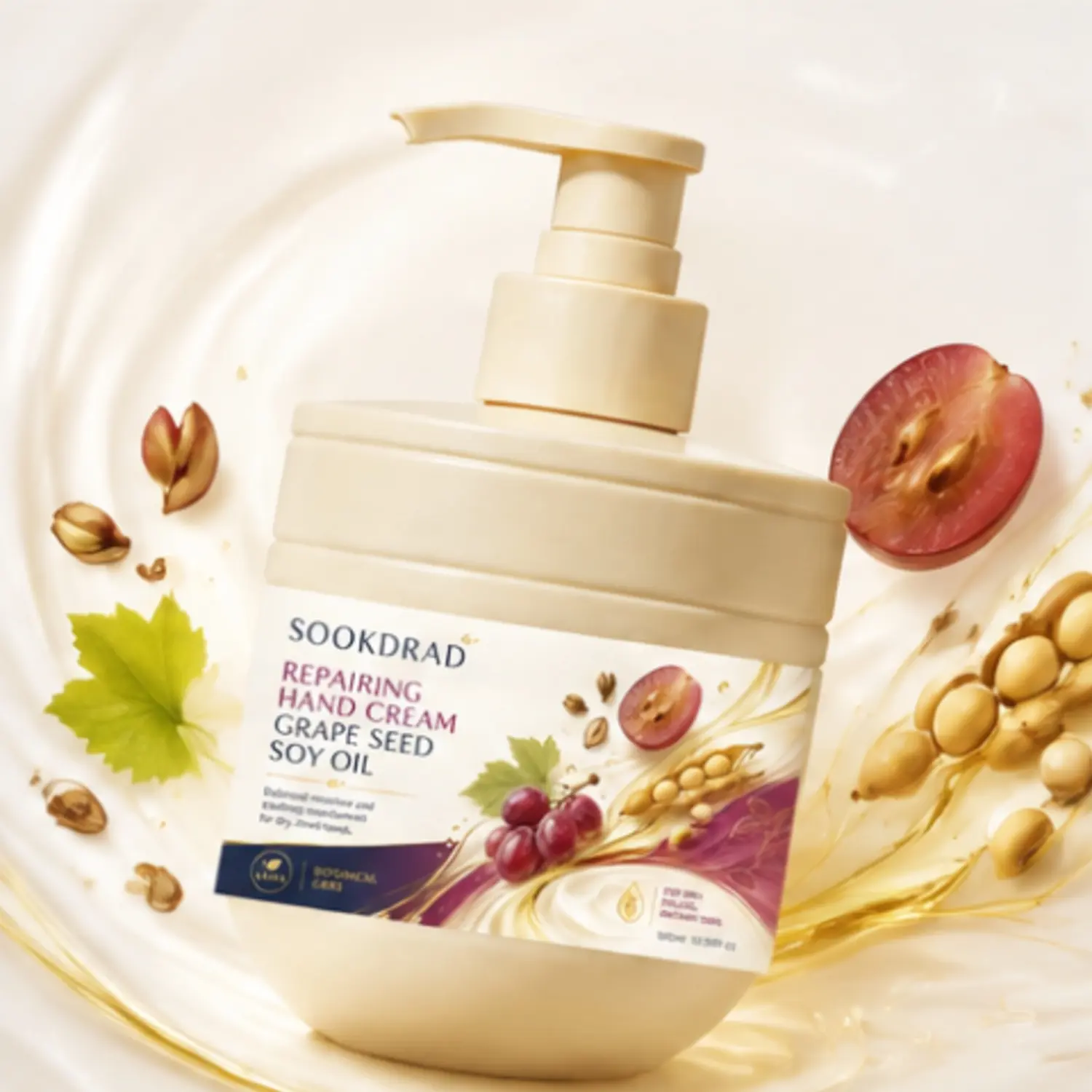 repairing hand cream, grape seed, soy oil, balanced moisture, soothing nourishment, for hands, dry skin, rough skin, mature skin, 10.58fl oz, vegan, botanical care, 300ml