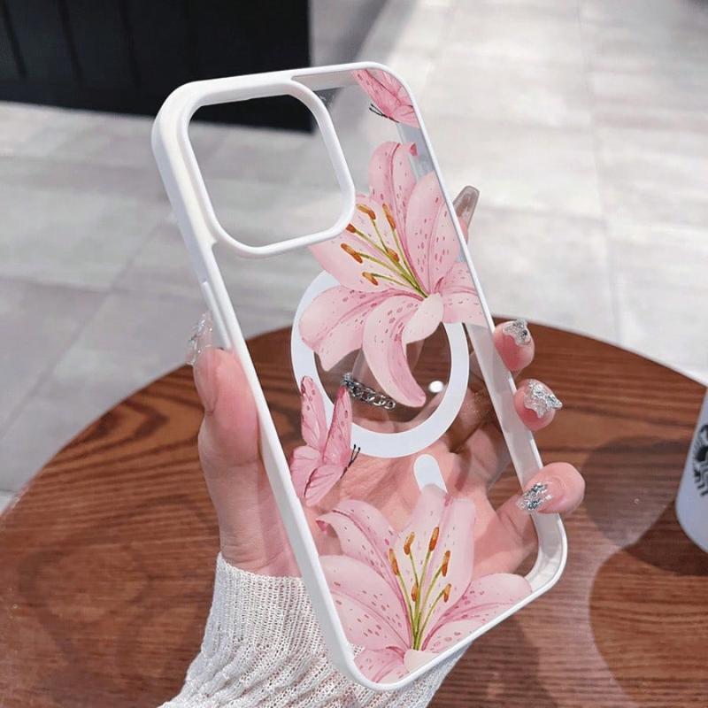 Pink Lilies Magnetic Phone Case for iPhone 17/16/15/14/13/12 Pro Fashionable Pattern Design Transparent Shockproof Classic Gift Ultra-Thin Protective Smartphone Cover Lotus