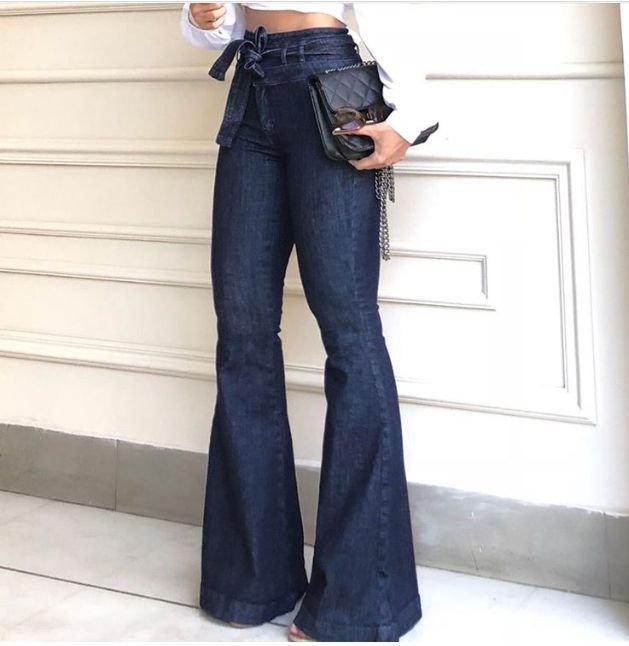 2024) European and American New Fashion High Waist Hip Lift Lace-up Bell-Bottom Pants Wide Leg Pants Jeans for Women Womenswear Underwear Trouser Streetwear Trouser Streetwear Blue Denim Formal Casual Chic Comfort bell bottom jeans