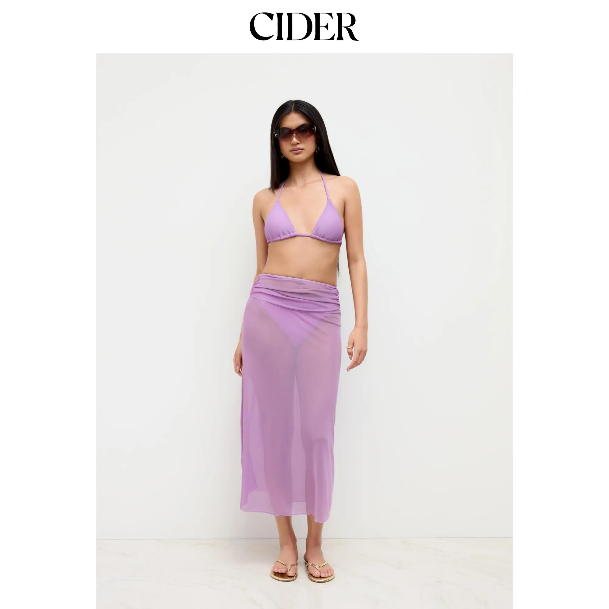 Cider Halter Neckline Knotted Triangle Cheeky Bikini With Mid Rise Cover Up Skirt
