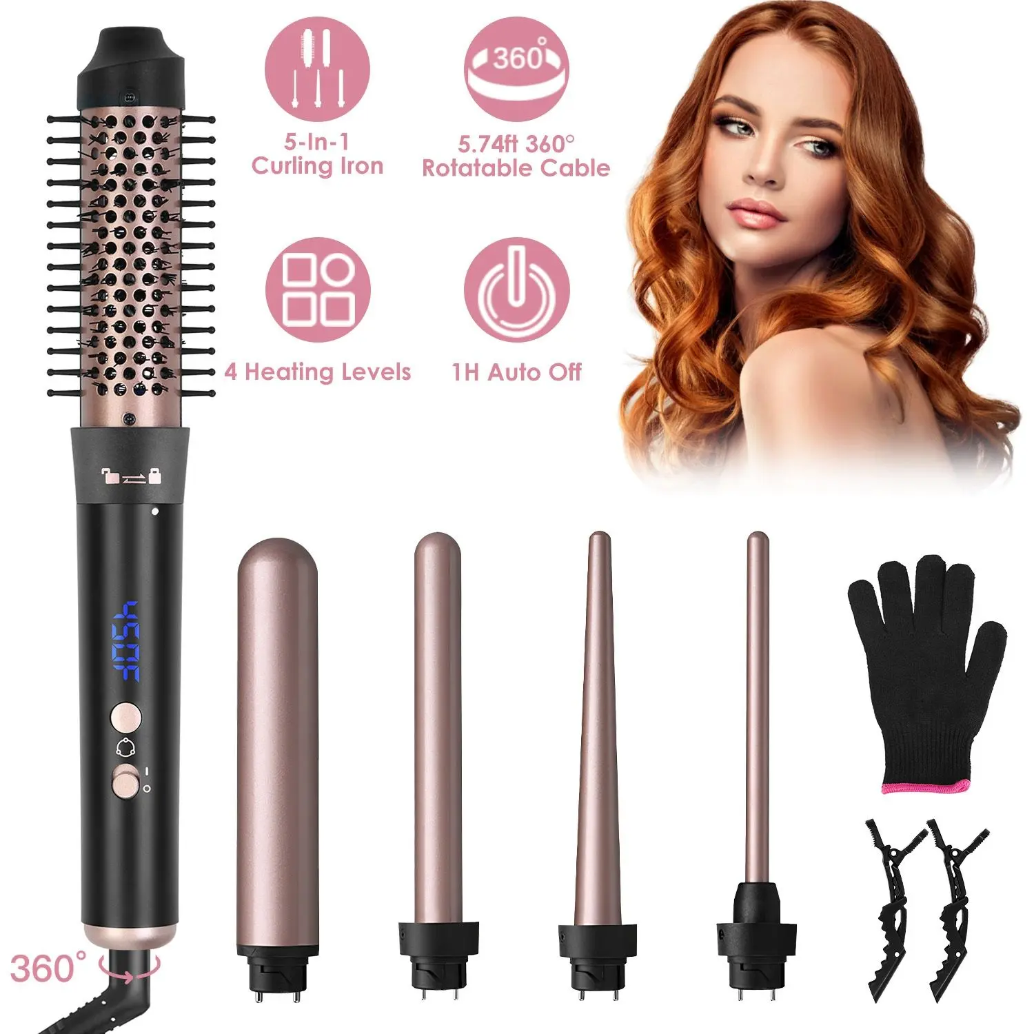 5-in-1 Adjustable Hair Curler Wand Set, Hair Styling Thermal Brush with 4 Heating Levels, 360° Rotatable Cable, 5 Interchangeable Barrels, 2 Clips, Leakage-Protection Plug, 1H Auto Off – Ideal Gift for Mum, 4 Temp Levels