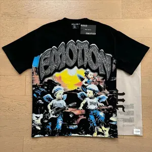 Mixed Emotion Rhinestone Graphic Tee, Vintage Washed Oversized Streetwear T-Shirt, Y2K Hip Hop Cotton Summer Shirt