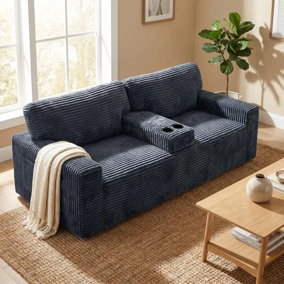 Loveseat Sofa Couch 2 Seater Cloud Couches with Built-in Cup Holders, Side Storage Pocket for Living Room, Apartment, Office, Corduroy