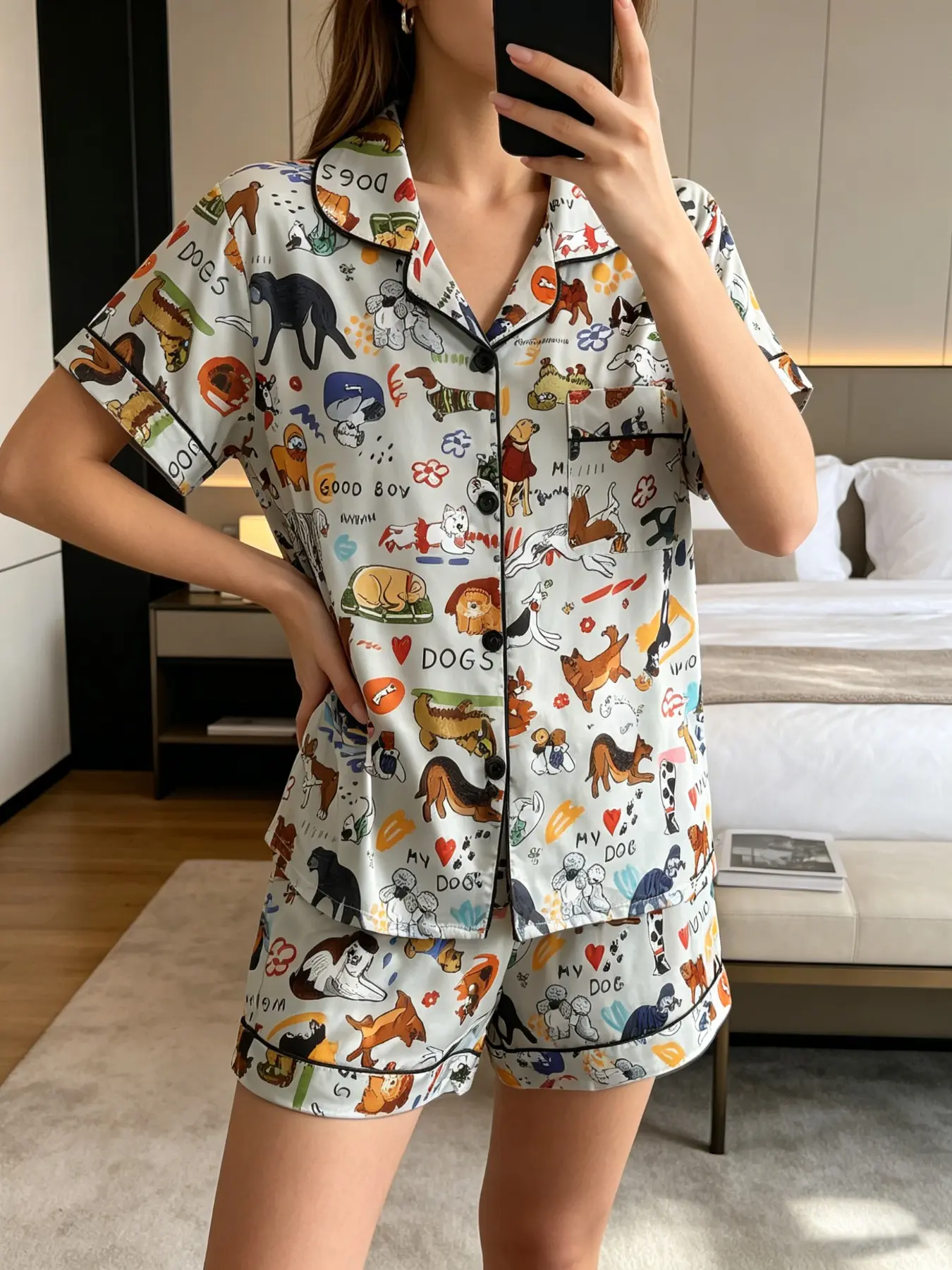 Women's Summer Cool Short Sleeve Pajama Set, Pyjamas, Matching Nightwear Set, 2-Piece Fitted Casual Sleepwear Loungewear, Cartoon Dog Print, Comfortable Elastic Shorts, All-Season Home Wear