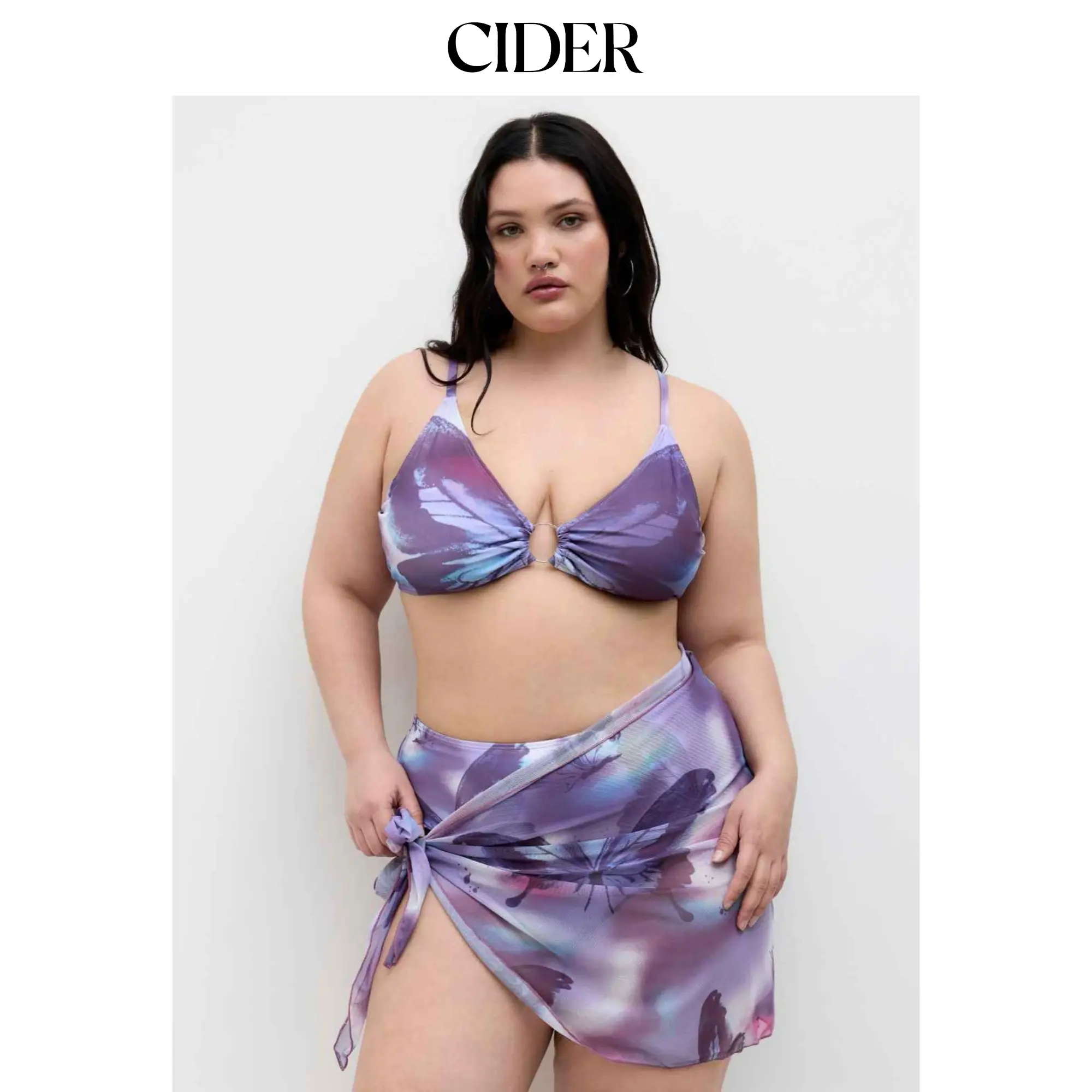 Cider V-neck Butterfly O-Ring Bracelet Full Coverage Bikini Set With Sarong Curve & Plus