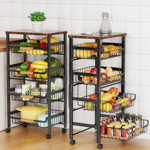 5-Tier Rolling Utility Cart, Kitchen Storage Cart with Wheels, Large Capacity Utility Cart with Wooden Tabletop & Mesh Baskets for Kitchen, Bathroom, Laundry Room Organiser Racks