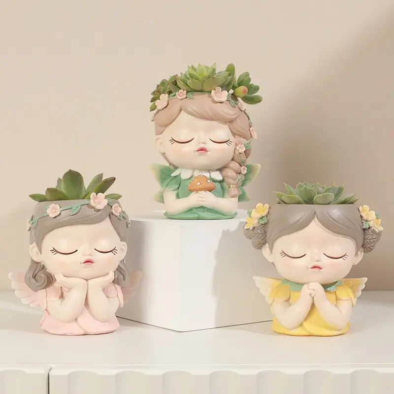 Cute Fairy Girl Flower Pot, Elegant Halo with Angel Wings, Three Designs Available, Hollow Top for Small Plants, Matte Finish, Healing Desk Garden Decor, Perfect Gift for Plant Lovers