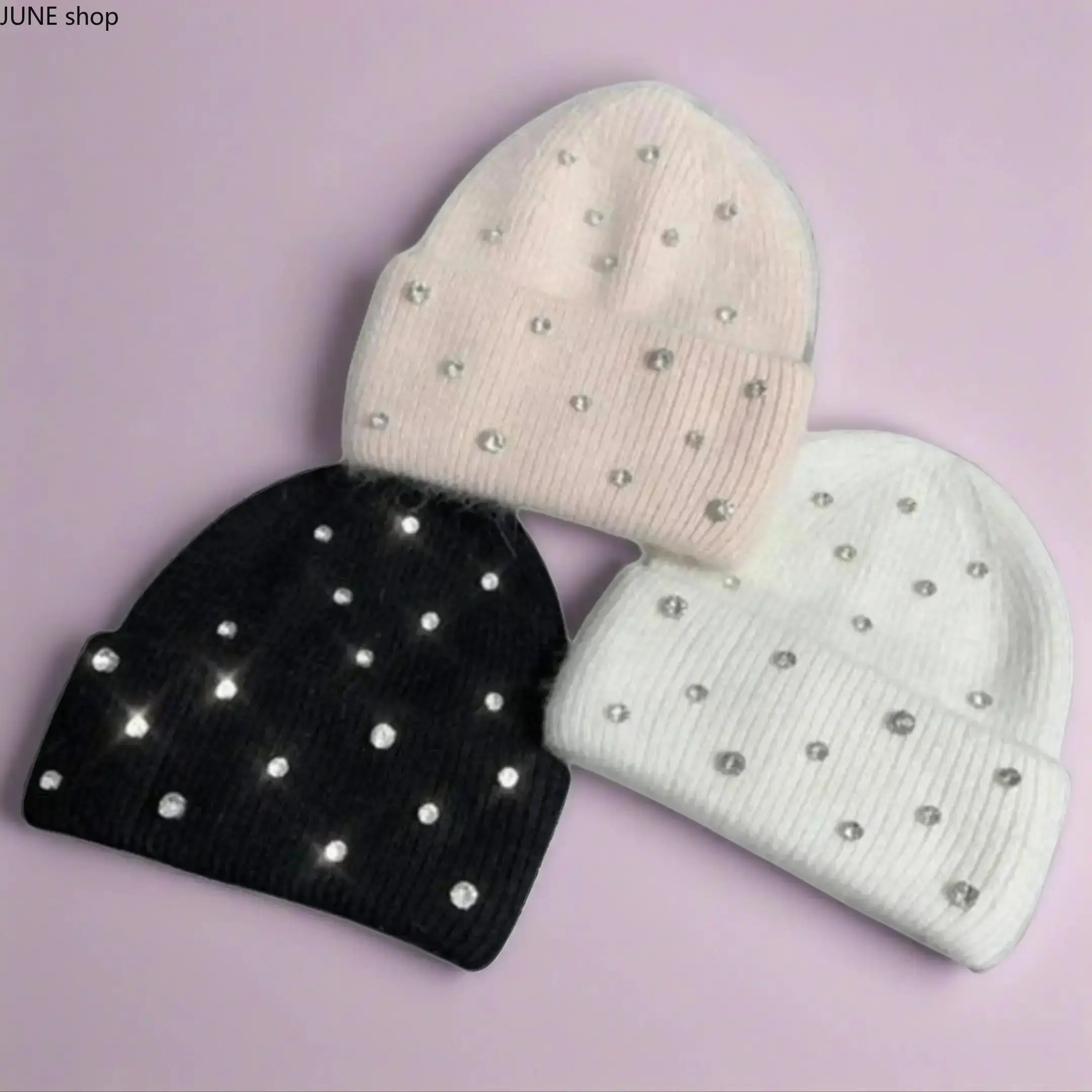 Solid Black Faux Fur Rhinestone Decor Beanie, Unisex Warm Thermal Fitted Winter Cap, Cozy Fashion Hat For Evening Outings, Daily Casual Wear For Men & Women