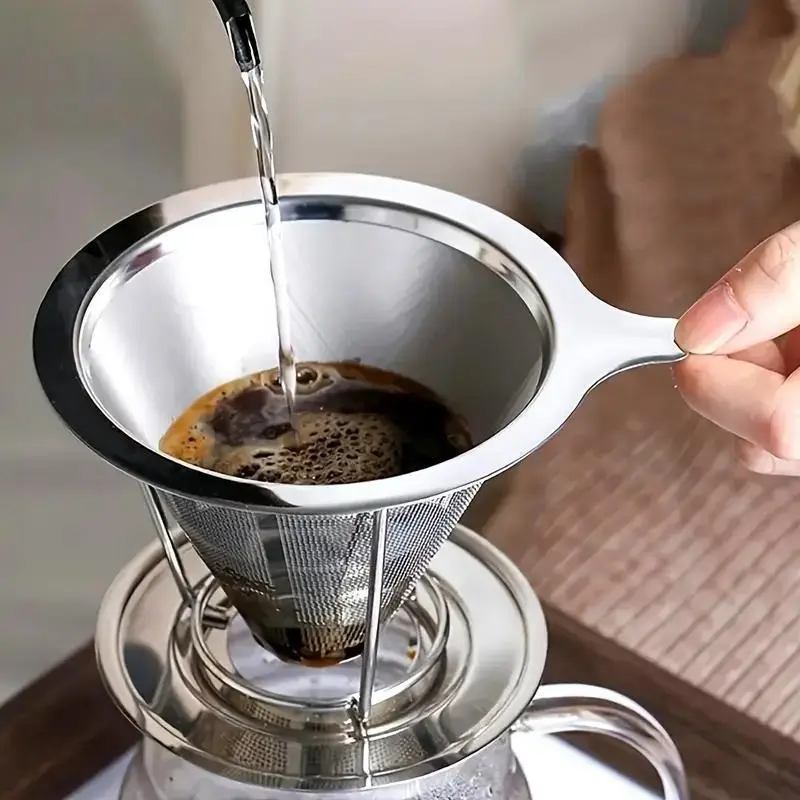 Reusable 304 Stainless Steel Coffee Filter – Ultra-fine mesh with an ergonomic handle design; perfect for home and office use. Features a premium design and an elegant metal finish.