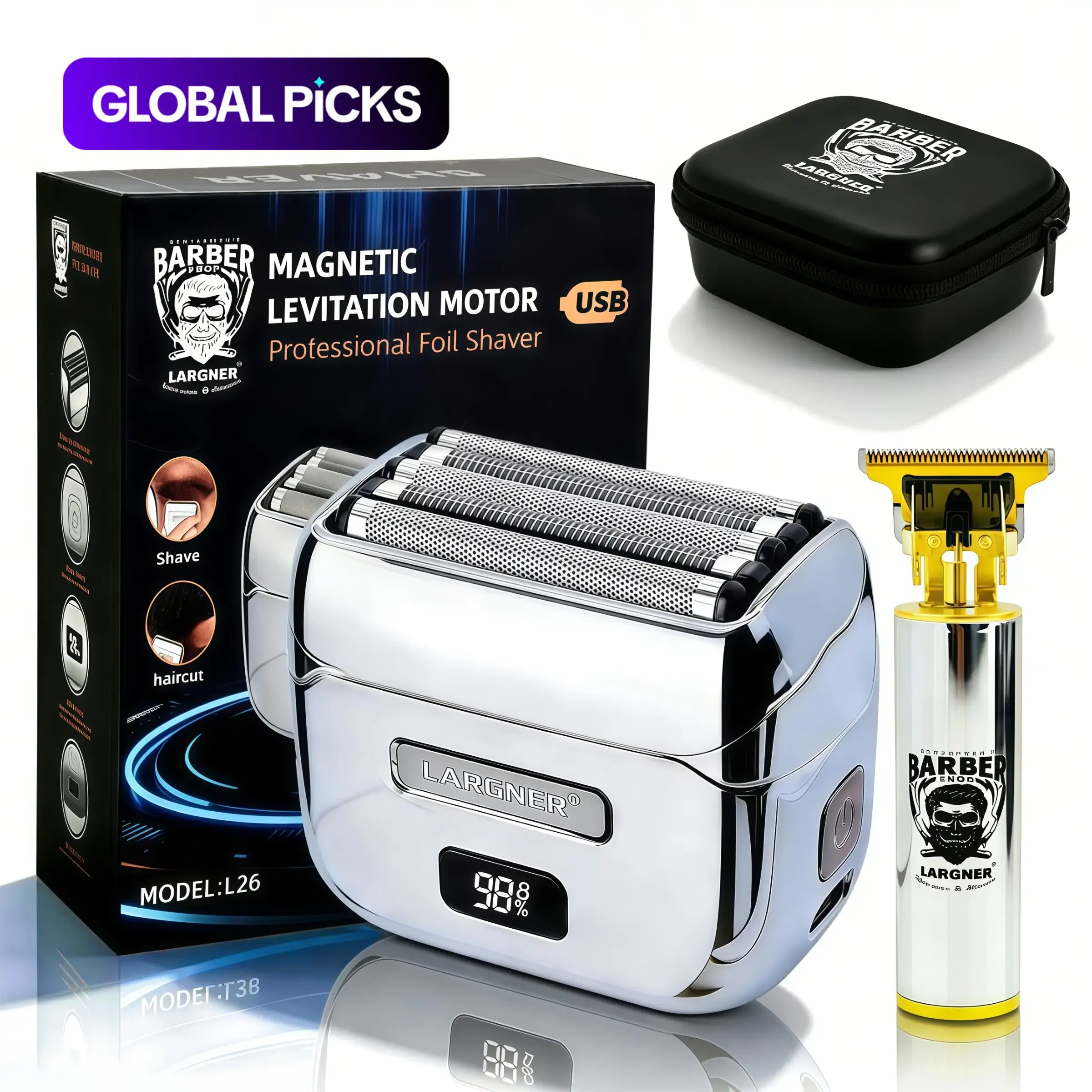 Largner 2 in 1 Silver Color Foil Shaver Set, Magnetic Levitation Motor, Waterproof Electric Razor for Men, LED Display, Travel Case Included, Cordless Waterproof Shaver, Portable Shaver, Showerproof Cordless Shaver