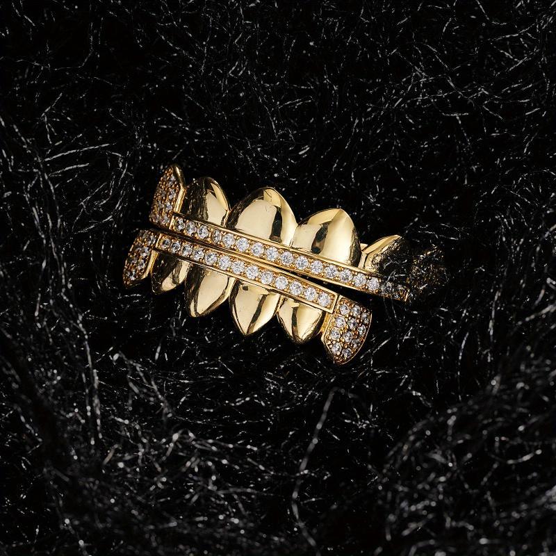 Iced Out CZ Mens Teeth Grills 2pcs Set - Golden Color Plated Grillz for Men - Fashionable & Eye-Catching - Perfect Gift for Hip-Hop Lovers Oral