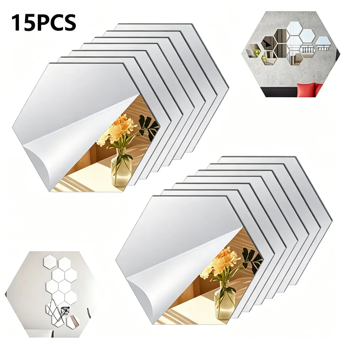 15pcs Hexagon Self-Adhesive Mirror Wall Stickers, Decorative Wall Sticker, Acrylic Wall Decor, Removable DIY Wall Decor Mirror, Mirror Stickers for Living Rooms, Bedrooms, Apartments, Gyms and Dorms, Home Decoration, Mirror Wall Sticker
