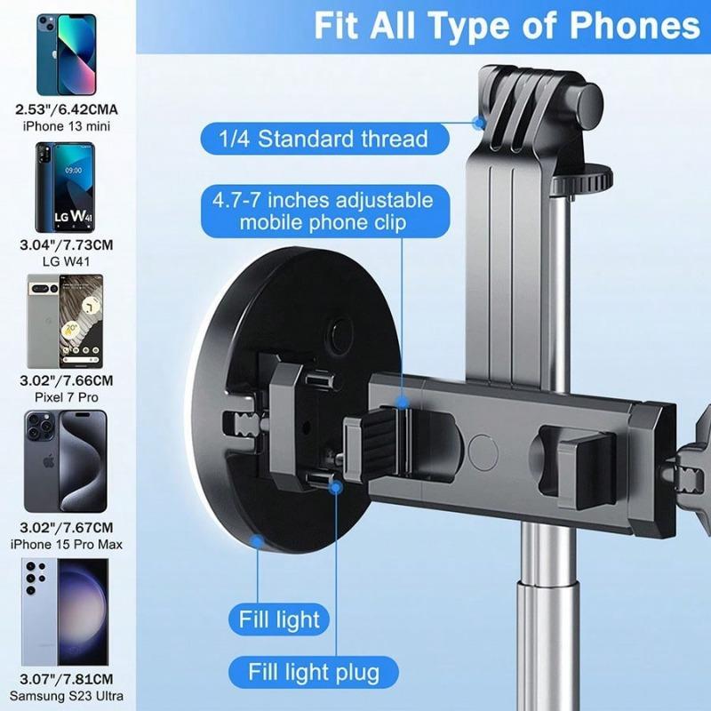 Multi-Function Selfie Stick with Ring Light, 67" Tripod with Wireless Remote, Compatible with Bluetooth-compatible Cameras & Music Control for iOS & Android, Phone Accessories