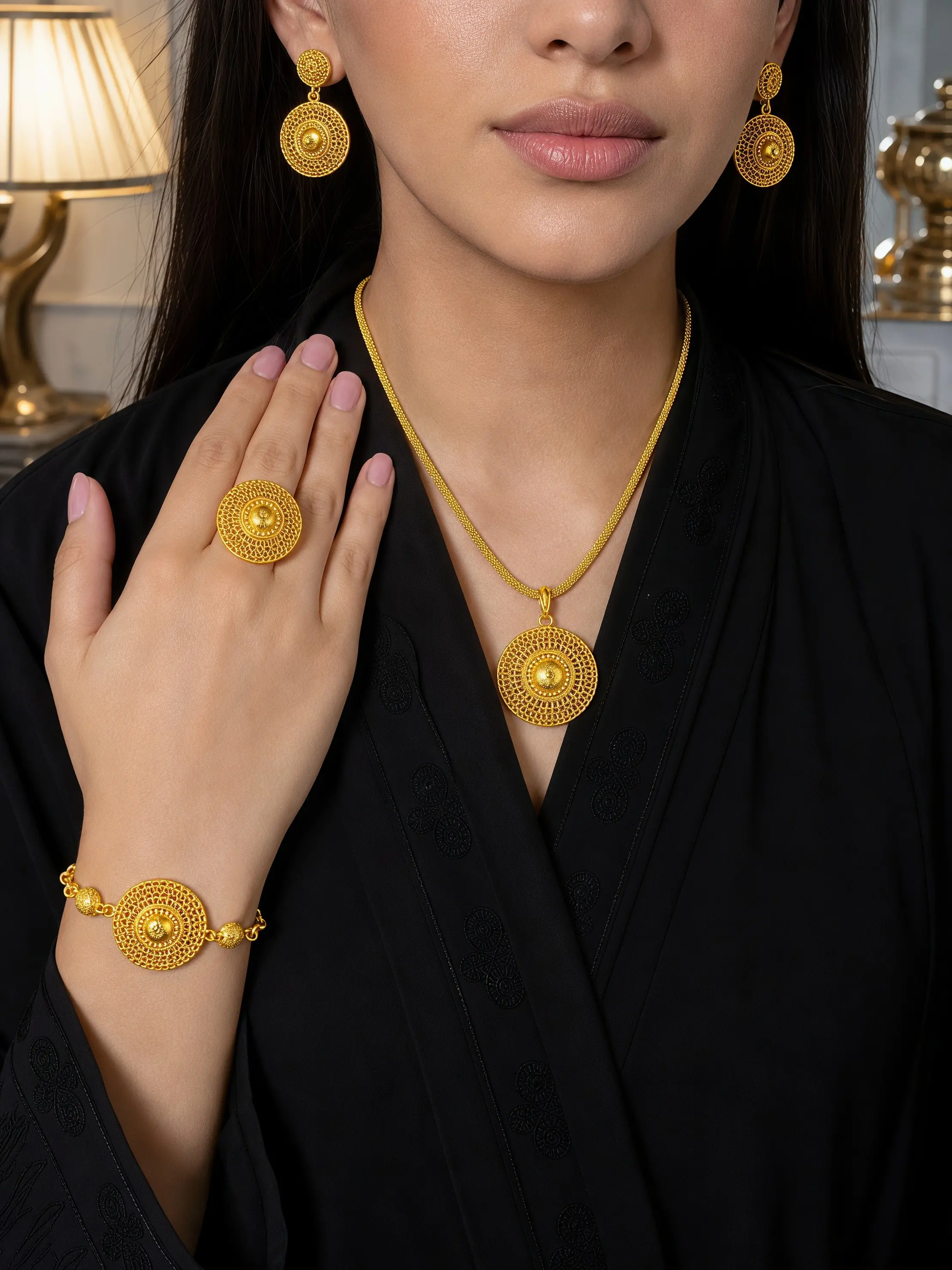 4-Piece Dubai Gold-Plated Matching Jewelry Set, Elegant Indian Style Necklace Ring Bracelet Earrings, Perfect for Weddings Parties Gifts