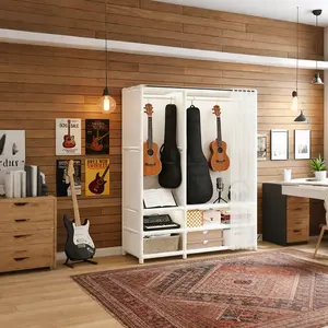 Minimalist Freestanding Clothing Closet with Transparent Dust Curtain, Double Thickened Hanging Rod, Storage Basket & Fabric Drawers for Dorm Apartment