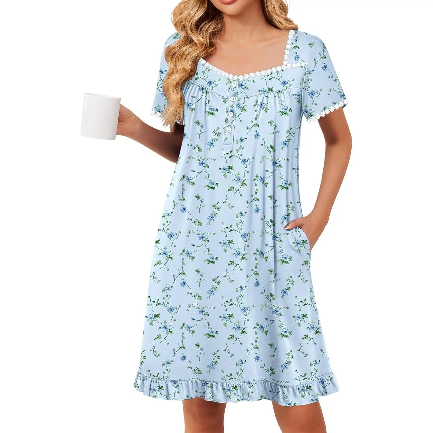 Ekouaer Nightgowns for Women Short Sleeve Night Gowns Button Sleep Shirts |   Short Sleeve Moo Moos with Pockets, Lace Trim Sleep Dress, Ruffles Night Dress, Sweet Sleepwear, Daily Sleep, Garden, Date