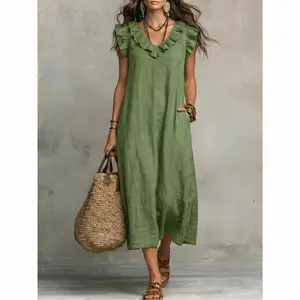VVZ 2026 Women's Boho Spliced Ruffle Neck Maxi Dress, Sleeveless Loose Non-Stretch Flowy Long Dress