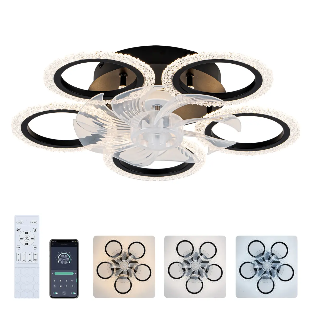 Matte Black Geometric Bladeless Low‑Profile Ceiling Fan With Light, Silent Pure Copper Reversible Motor Ceiling Fan,6‑Speed Remote & Wall Switch Control Timer Function, Modern Ceiling Fan for Bedroom Dining Living Room 150‑300 Sq.Ft