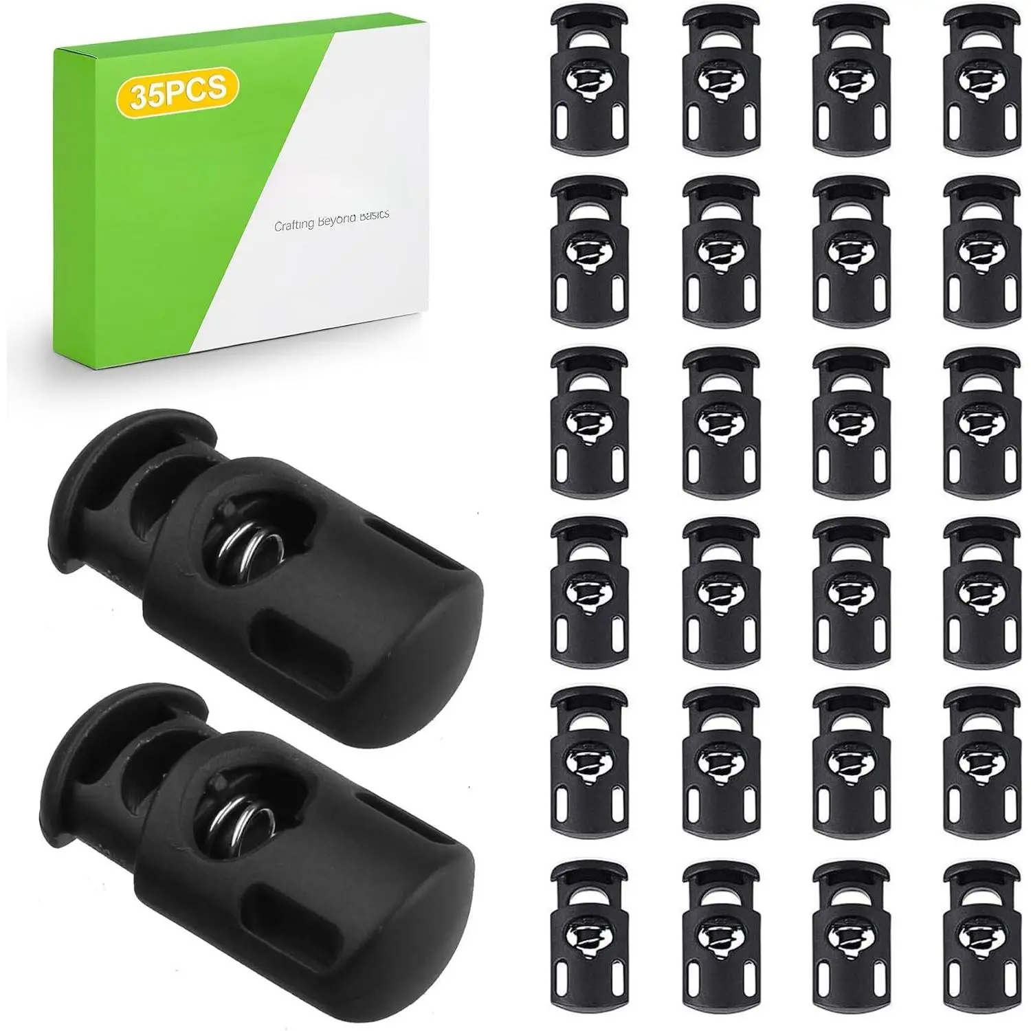 35 count Plastic Cord Locks, Black Spring Toggle Stoppers for Drawstrings, Shoelaces, Paracord, Clothing, and Bags, Elastic Cord Adjuster Clips