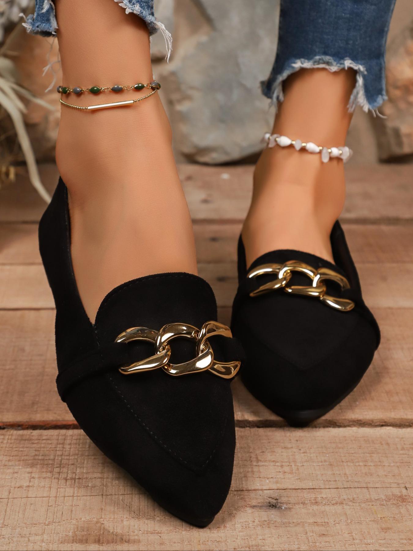 Pointed-Toe Velvet Material Loafers with Chain Buckle, Elegant Retro Style Comfortable Flat Sole Rubber Shoes for Work & Casual Wear Footwear, Pointed Toe Flats