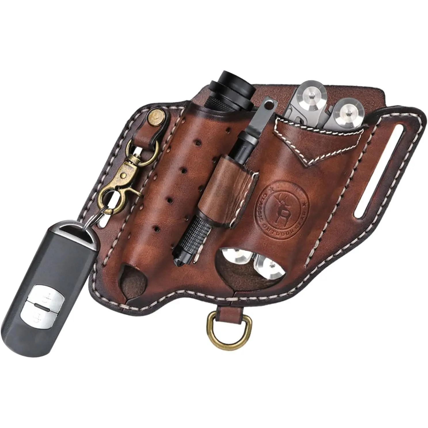 Leather Multitool Sheath for Belt Compact EDC Pouch Pocket Organizer for Men with Flashlight Holster Pen Holder & Keychain Clip