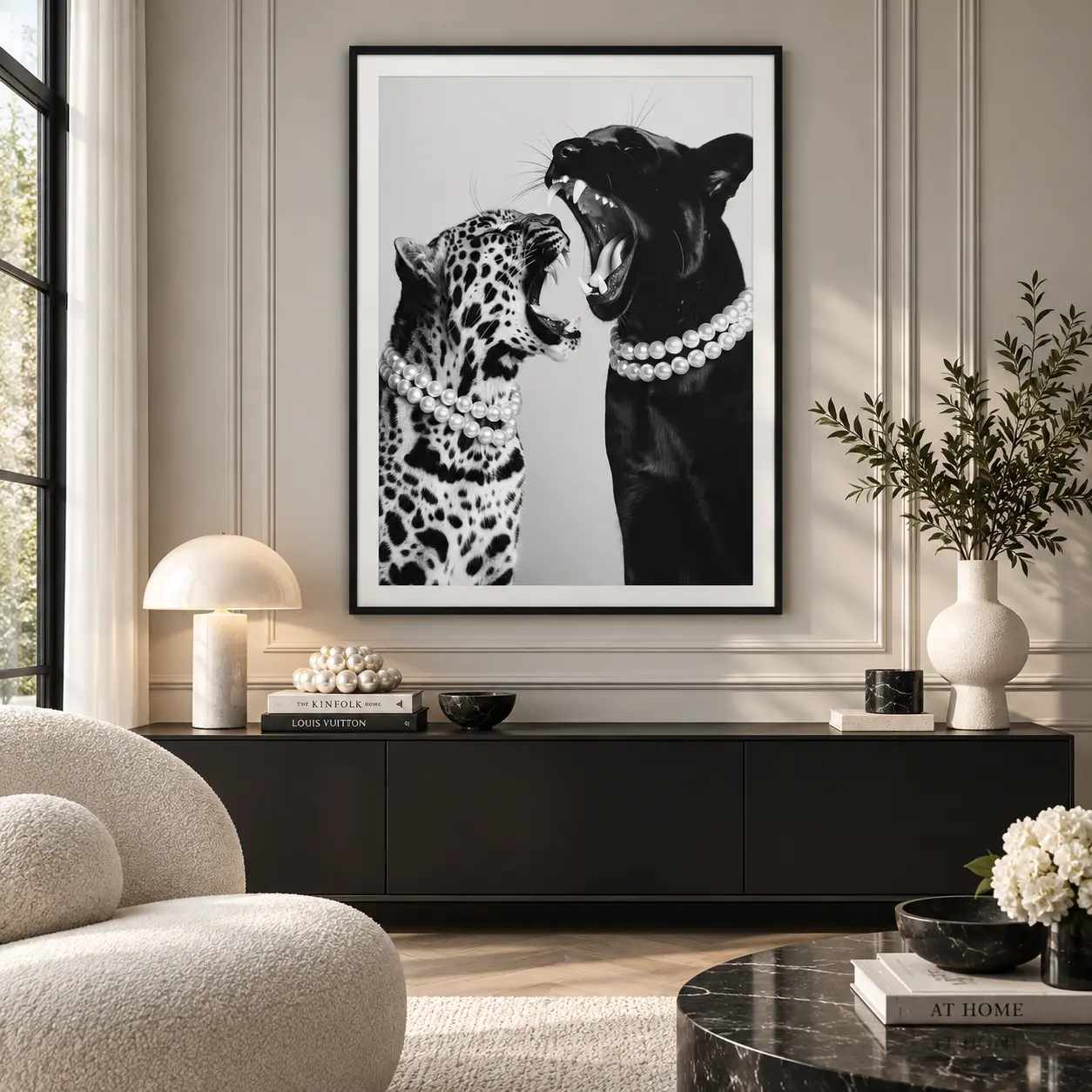 Leopard and Black Panther Wall Art, Glamorous Black and White Big Cats with Pearls Poster for Bedroom, Living Room and Luxury Home Decor