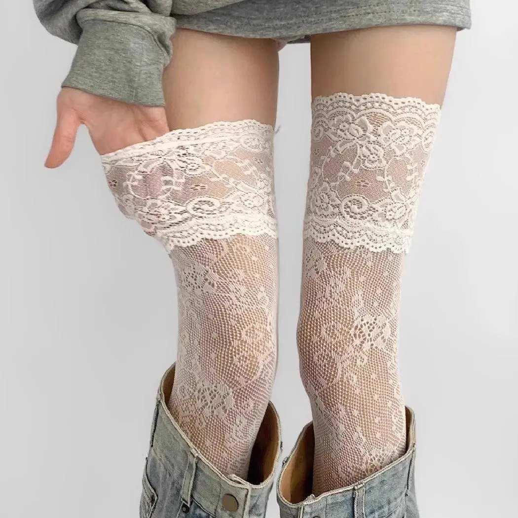 Women Fishnets Stockings Sexy Lace Fishnet Floral Knee High Socks Breathable Hollow-out JK Mesh Lolita Retro Thigh Highs Socks