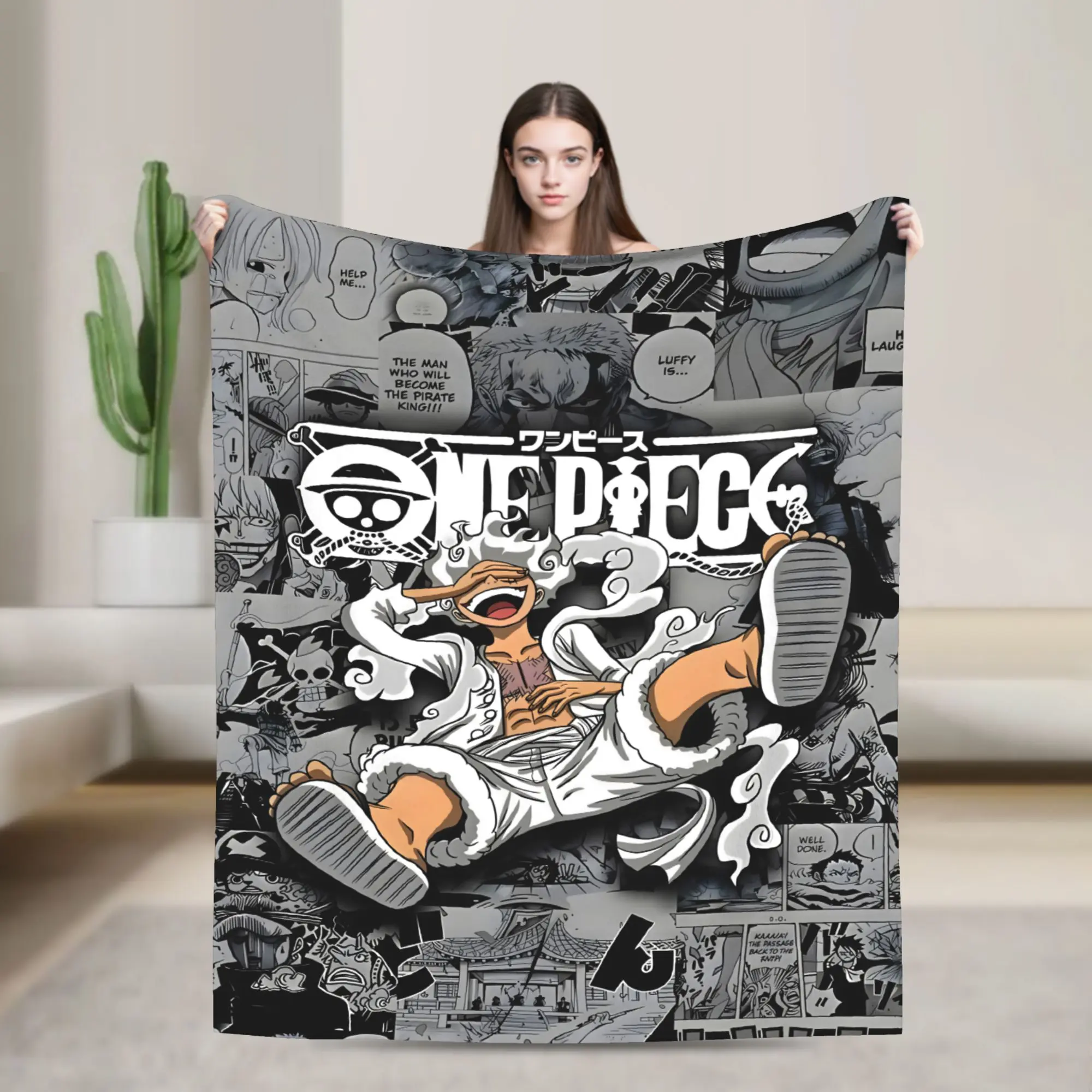 One Piece Luffy Gear 5 Nika Black White Manga Collage Throw Blanket, Soft Lightweight Cozy Flannel Blanket, Stylish Anime Home Decor Blanket for Fans