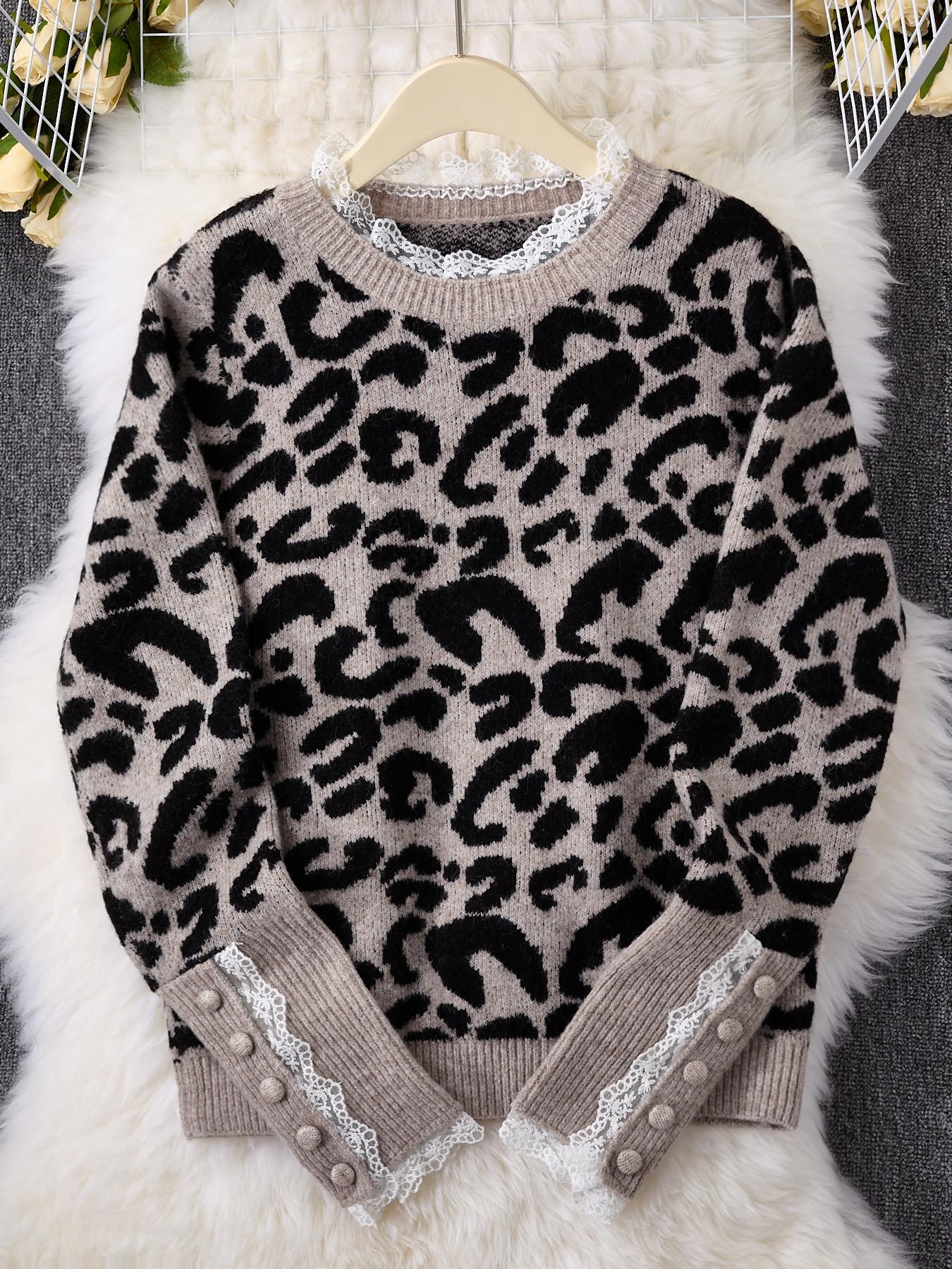 Women's Leopard Print Sweater Pullover, Casual Long Sleeve Jumper for Fall & Winter, Fashion Ladies' Knitwear for Daily Wear