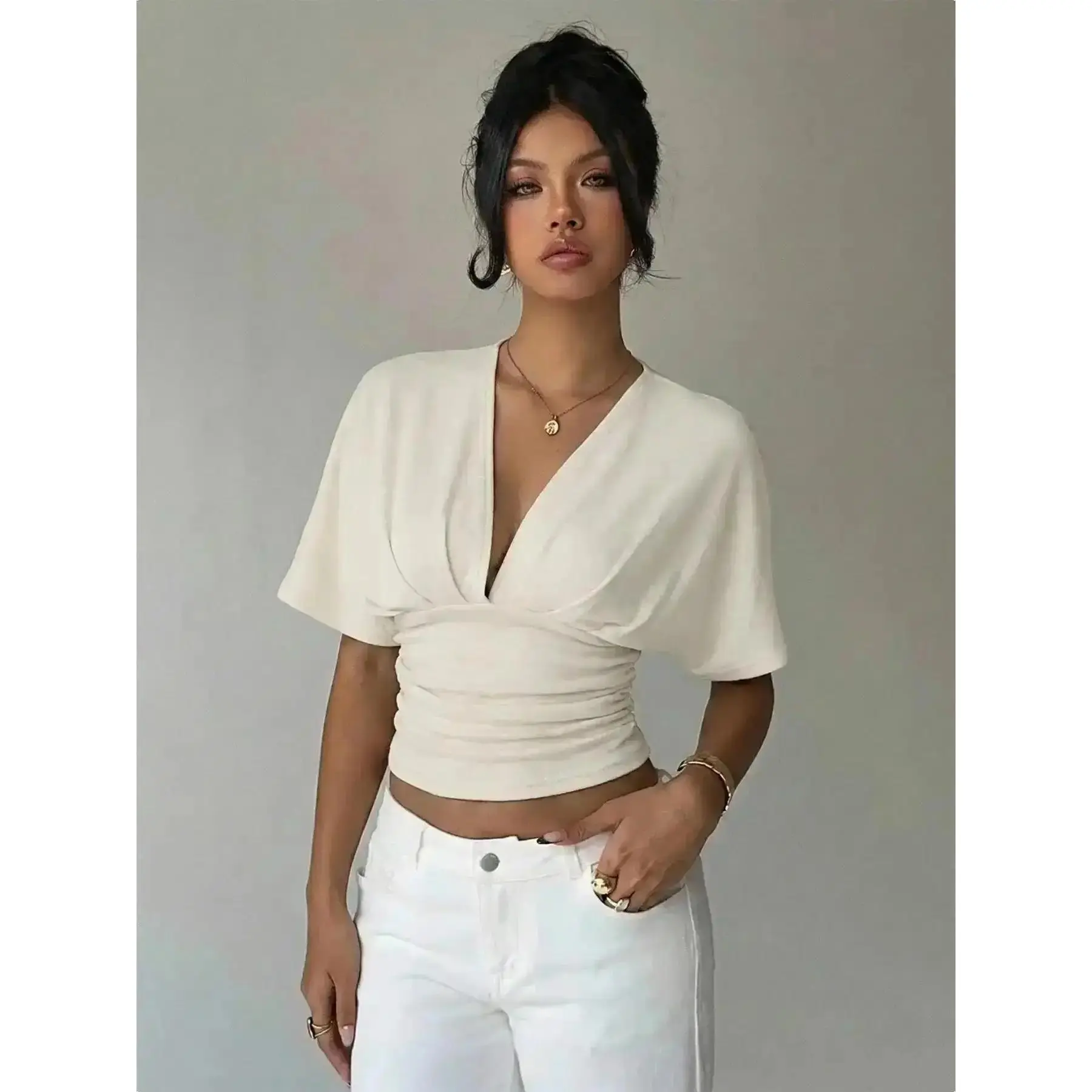 Women's Milk Silk Fabric Deep V Neck Crop Top, Smooth Breathable Comfy Elegant Minimalist Casual Party Short Fitted Street Fashion, Classic, Trendy, Stylish, Modern, Relaxed, Chic, Versatile.