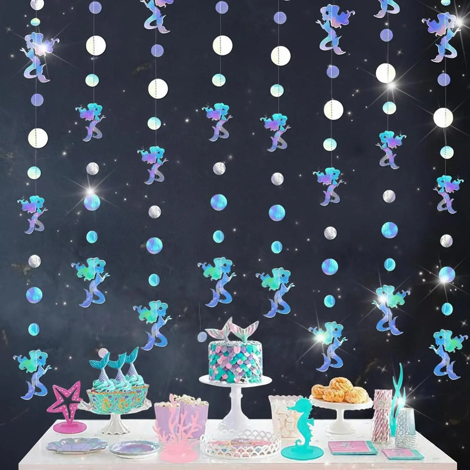Iridescent  Garland  Decorations, Holographic Twinkle  Streamers Banner for Birthday Party,  Metallic Paper Stars for Christmas, Wedding,  Shower, Ceiling Wall Decor
