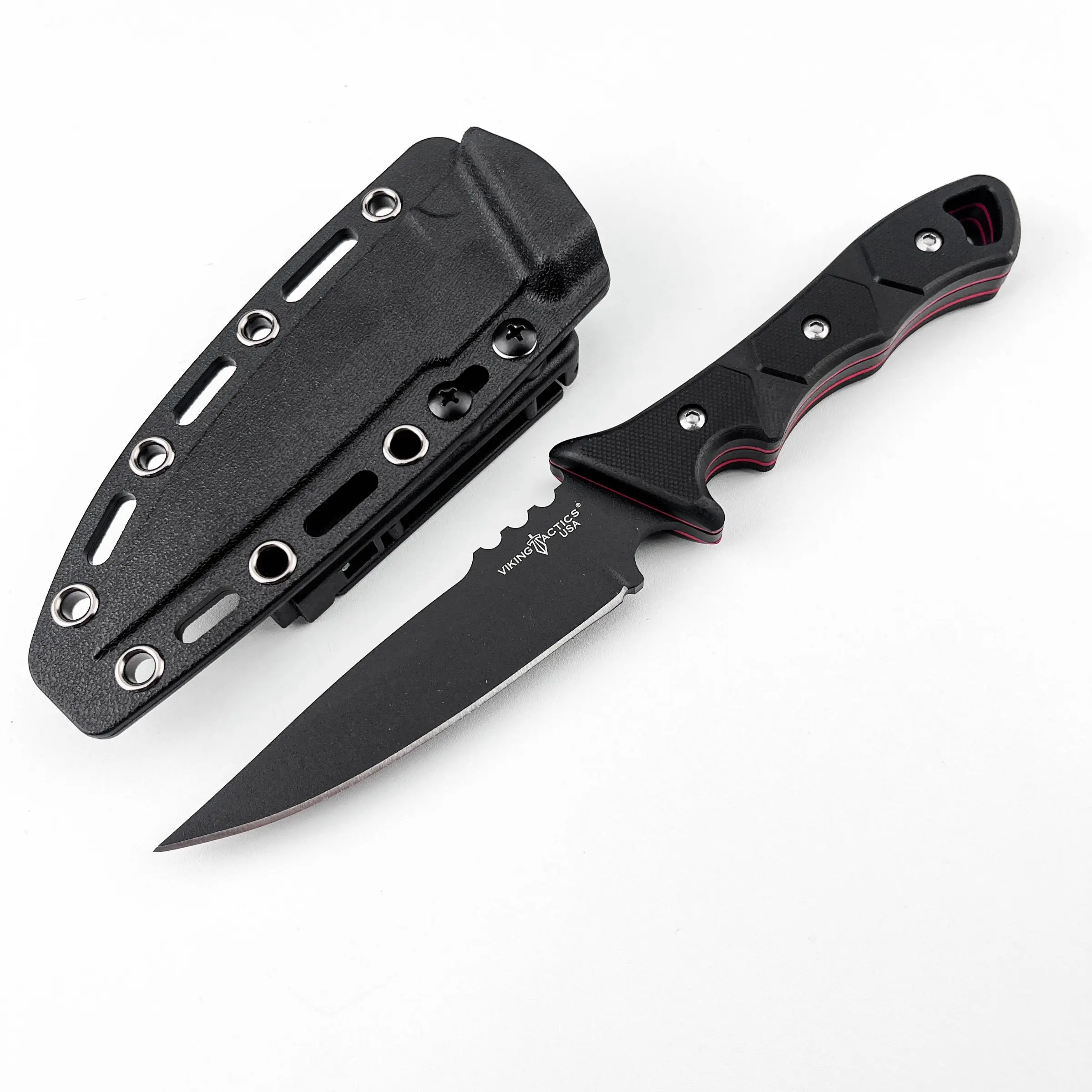 Viking Tactical Outdoor Straight Knife, black-coated 8Cr13Mov blade, anti-slip teeth on the back of the knife, ergonomic G10 anti-slip handle, Kydex hard knife sheath, suitable for camping and survival in the wild.