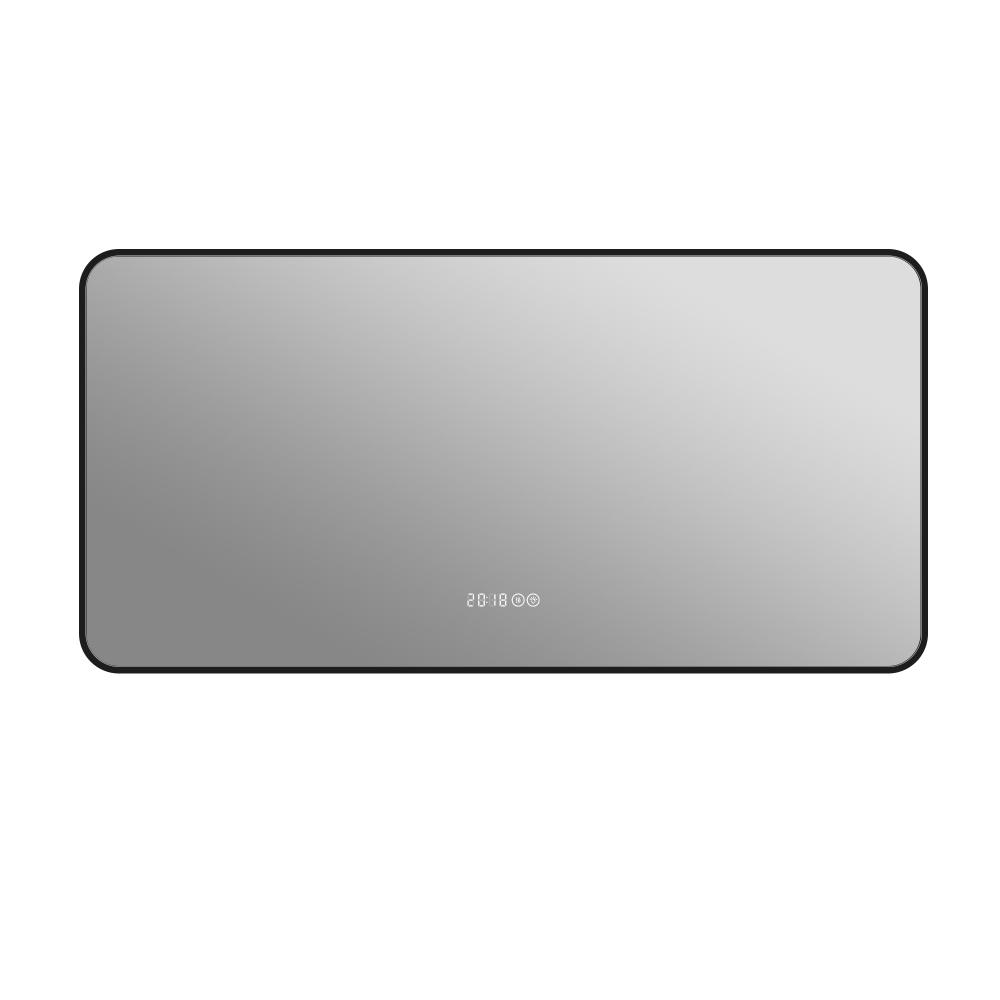 48*24-inch LED black rounded-corner frame bathroom mirror with temperature display, three-color lighting, defog function, premium aluminum frame, and high-definition tempered glass.