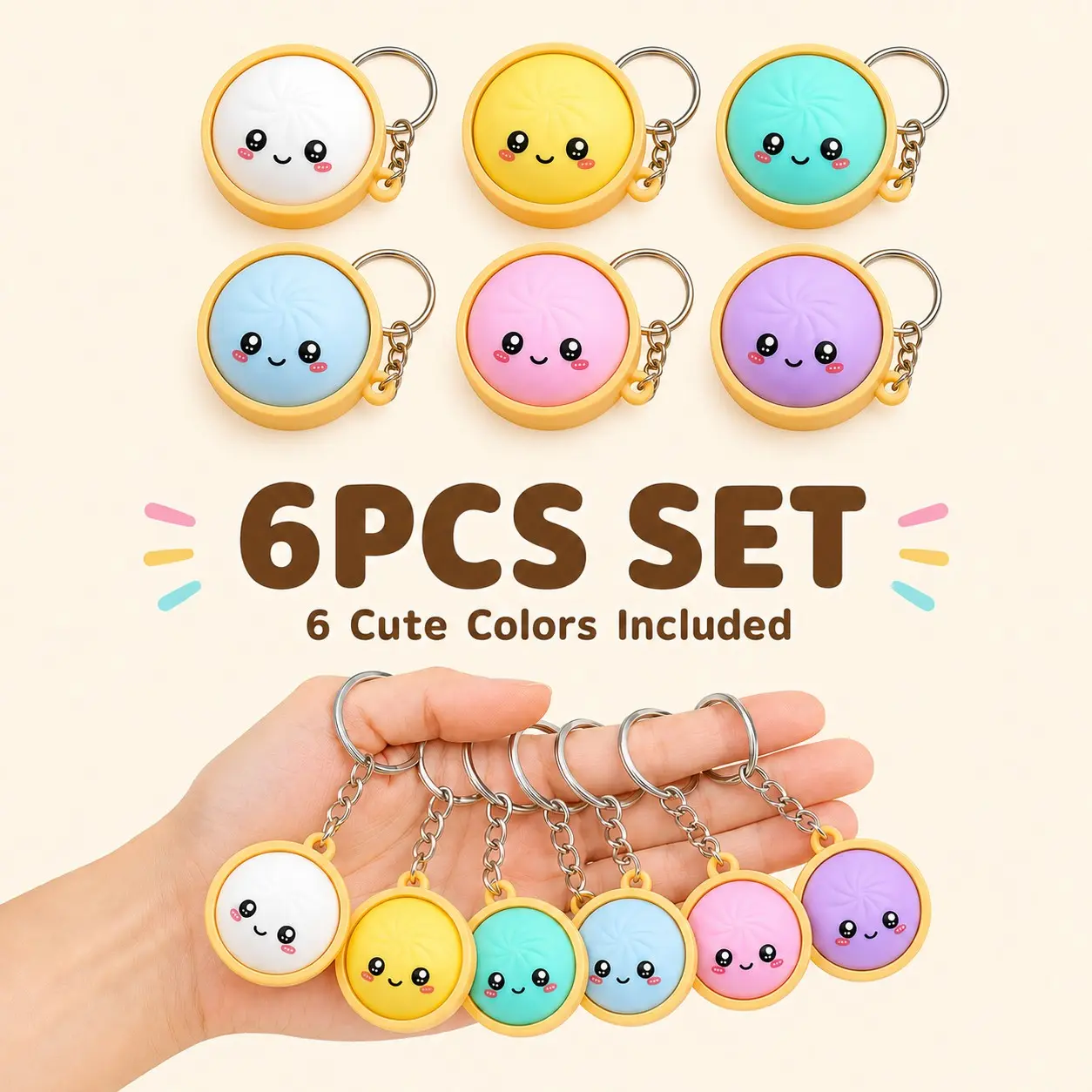 6PCS Colorful Dumpling Keychains, Mini Cute Kawaii Food Charm Set with Metal Rings, Bun Pendant Bag Charms for Keys, Backpacks, Purses, Party Favors and Gifts for Adults, Aesthetic Keychain