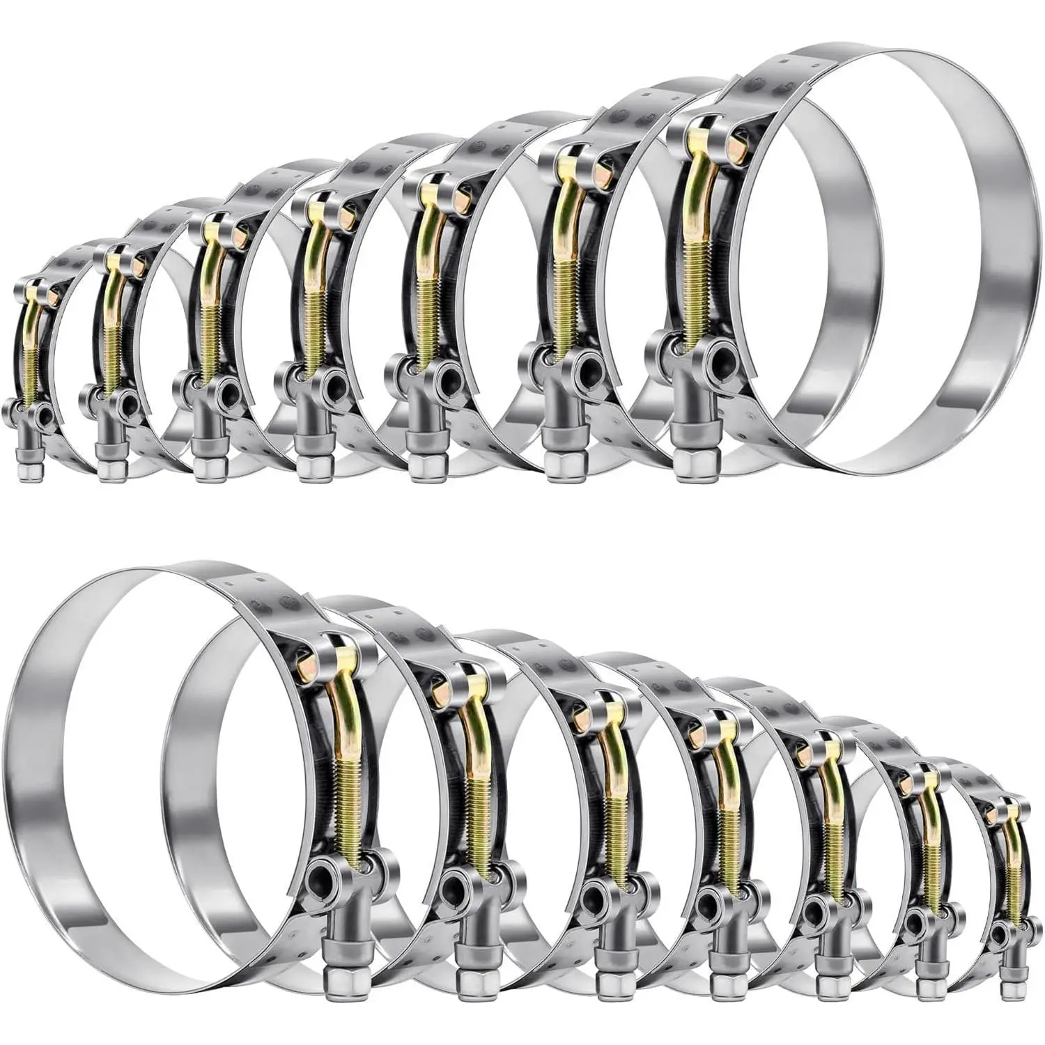14 Pcs 7 Sizes T-Bolt Hose Clamps, 304 Stainless Steel Turbo Intake Intercooler Clamp,Working Range 32-91mm for 1-3" Hose ID, Radiator Hose Clamps Assortment Set