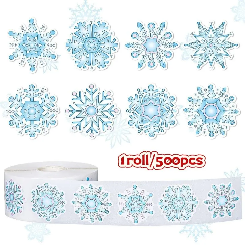 Winter Blue Snowflake Stickers Roll, Self-Adhesive Christmas Labels, Gift Decorations, Phone Case, Notebook, Luggage Stickers, Holiday Gifts