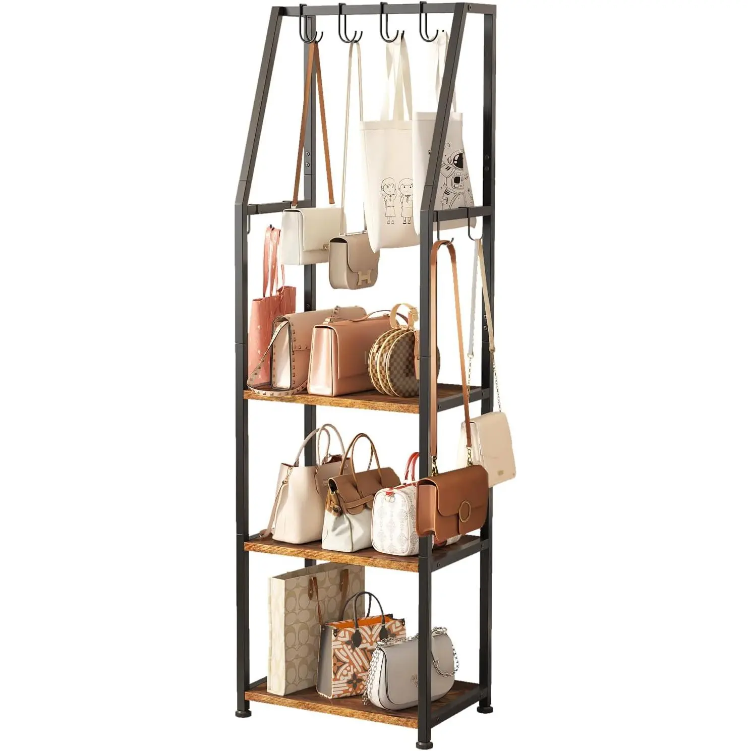 Rustic Brown 3-Tier Iron Frame Purse Rack Stand with 8 Hooks - Adjustable, Durable Tall Narrow Bag Storage Organizer for Entryway Use, Closet Organization
