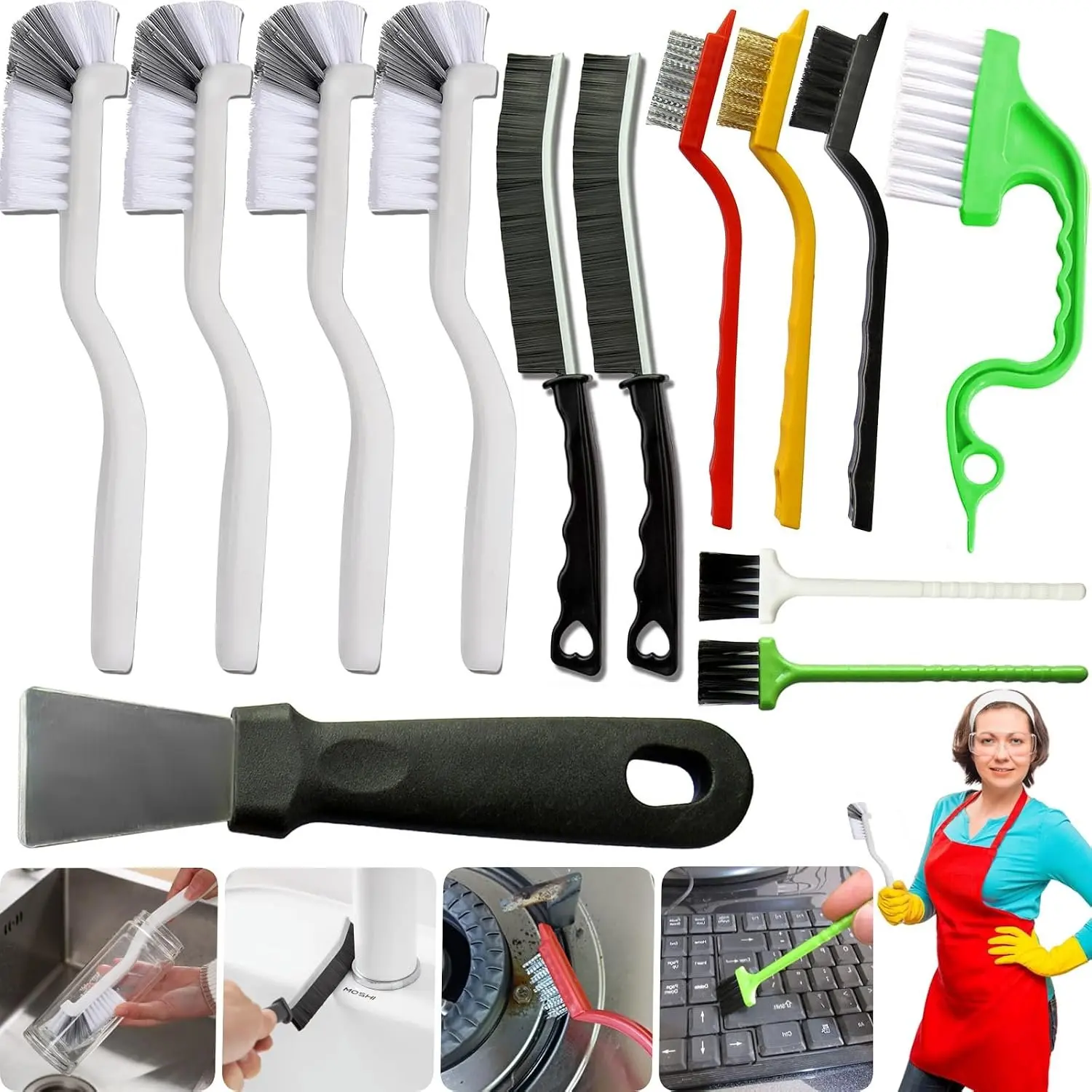 13 count Small Cleaning Brush, Brushes for Cleaning | Long Handle Household Cleaning Tool Suitable for Cups, Bottles, Teapots, Corners, Sinks, Faucets, Toilets