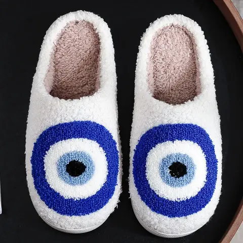 Evil Eye Embroidered Plush Slippers, Fuzzy Fashion Slippers, Creative Circle Eyes Design, Unisex Indoor Outdoor Warm Non-Slip Shoes, Fall Winter Best Gift, Home Bathroom Slippers, House Slippers