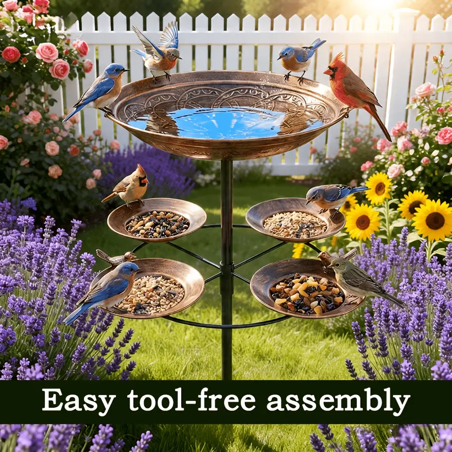 Heavy-Duty Metal Tree-Shaped Bird Bath And Feeder - A Large, Two-Tiered, 5-Bowl Outdoor Garden Ornament Featuring a Sturdy Base. The Vintage Bronze-Colored Bird Baths Attract Birds