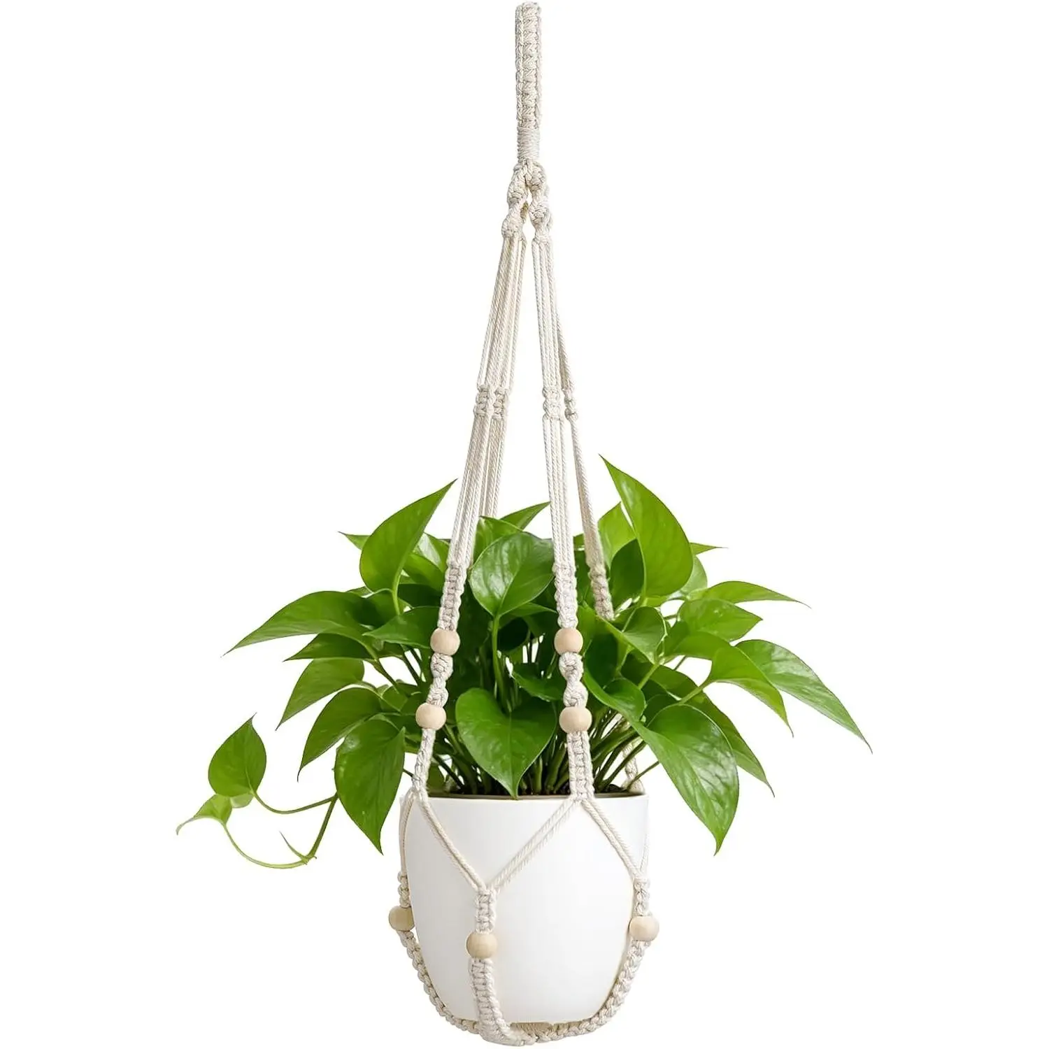Macrame  Hanger Indoor, 29 Inch  Planter Holder  |   Basket with Decorative  Beads, No Tassels, Boho  Decor, Indoor & Outdoor Use, Flower Pots NOT Included
