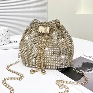 Women's Full Rhinestone Drawstring Mini Bucket Crossbody Bag - Adjustable Thin Metal Chain Sparkly Evening Purse for Prom, Wedding (Crossbody Bags for Women)