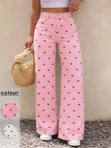 Spring Summer New Elastic High Waist pink heart Wide Leg Flattering Jeans High Waisted Denim, Casual Loose Fit H-Type Pants, Commuter Daily Vacation Versatile Women's Denim Denim Bottom