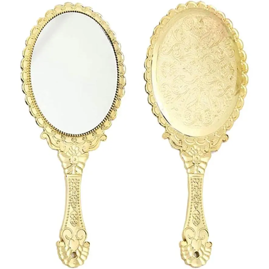 Handheld Mirror, Hand Held Mirror with Handle, Small Travel Packet Compact Mirrors, Vintage Decorative Makeup Cosmetic Purse Mirrors for Girls Women, Golden