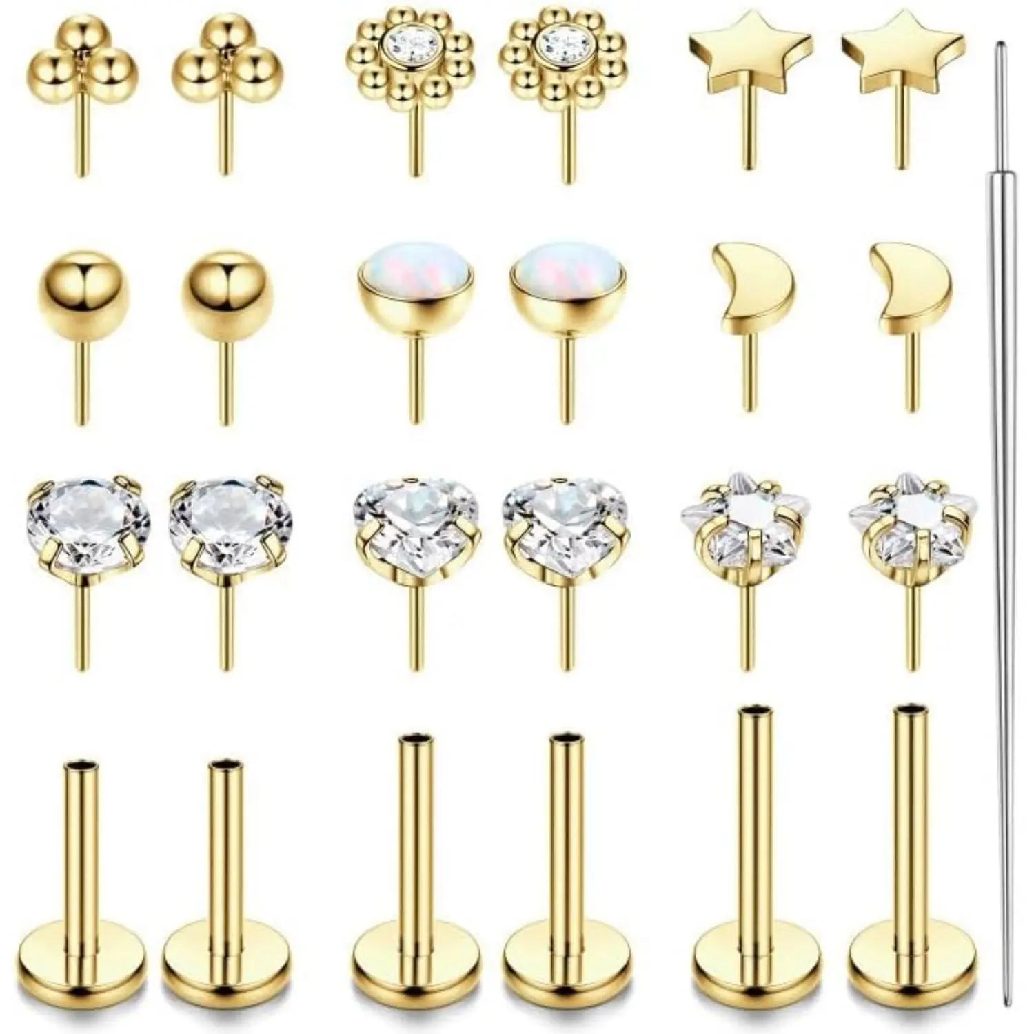 9 Pairs 16G/18G/20G Labret Piercing Jewelry, Surgical Steel Threadless Push-In Tragus Studs, CZ Flat Back Earrings, Lip Studs, Tragus Helix Conch Nose Piercing, 6/8/10MM