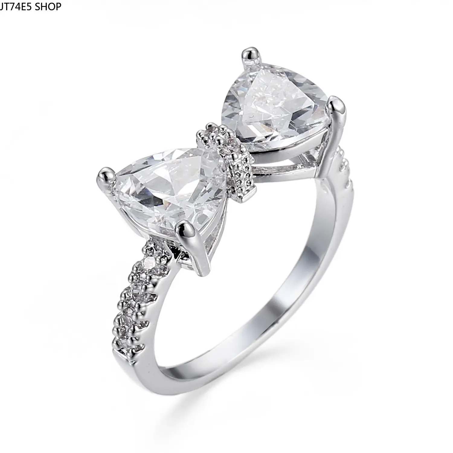 Super Sparkling White CZ Bow Ring, Sweet Korean Japanese Cute Fashion Statement Jewelry For Daily Outfits