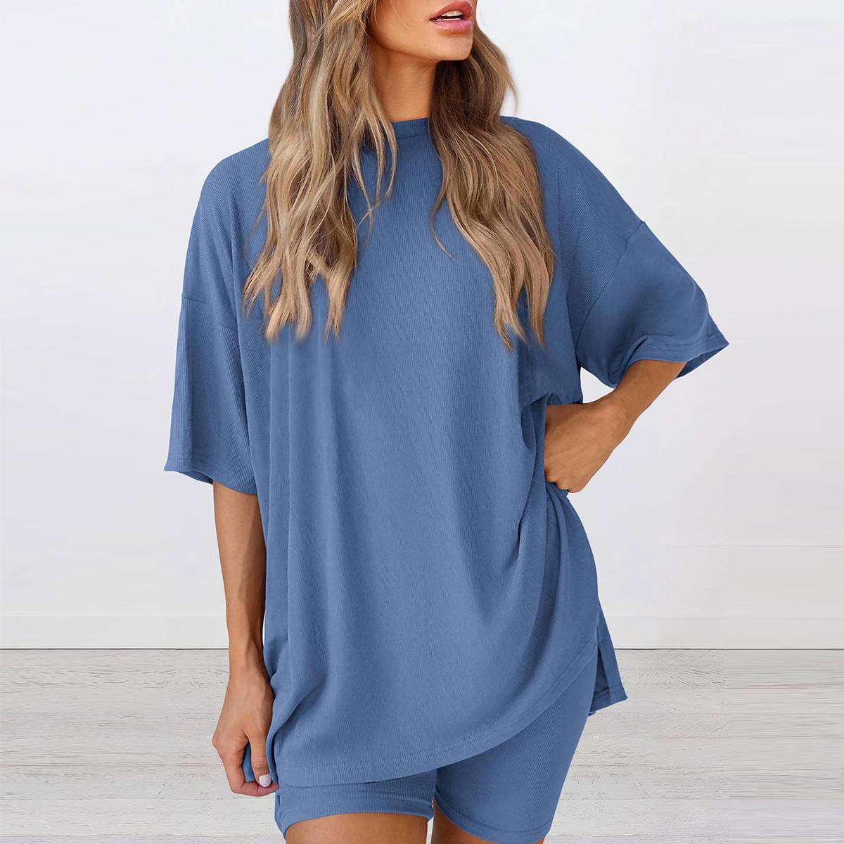 Women's Summer Two-Piece Set Casual Oversized Crewneck Split Hem Shirts & Side Pocket Biker Shorts Minimalist Lounge Wear Soft Viscose Fabric Comfy Homewear Cozy Pjs