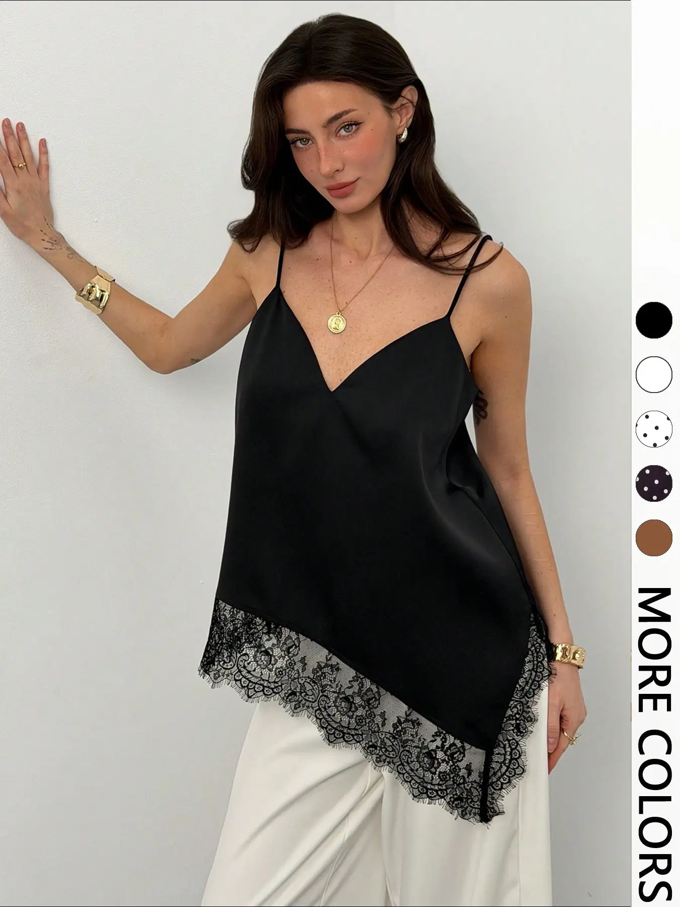 1pc Satin V-Neck Lace Spliced Sleeveless Cami Top, Irregular Hem Elegant Chic Slim Tank Top, Versatile Daily Wear for Commute and Dating, Braless Cami Tank