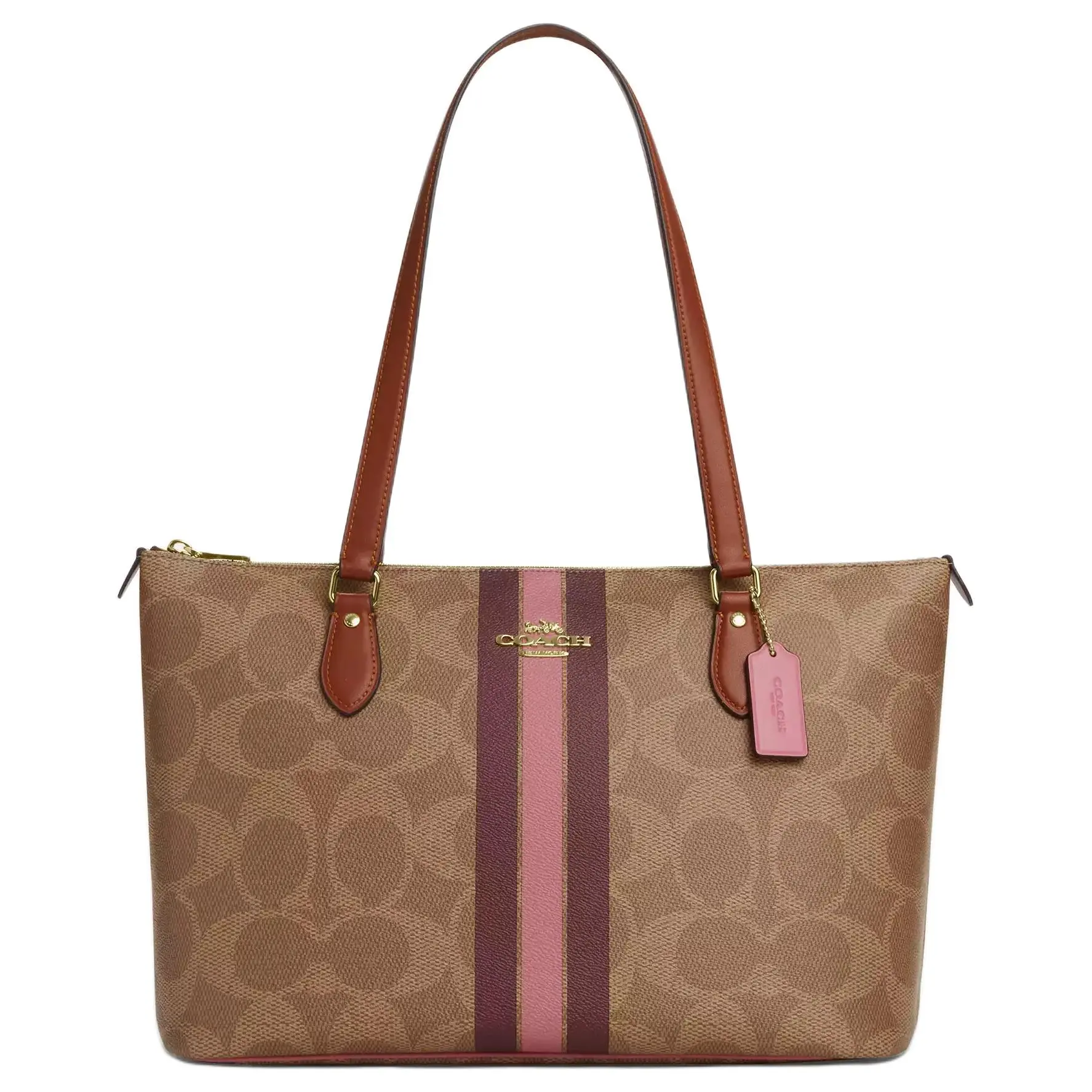 COACH Gallery 36 Striped Print Tote Bag with Gold Hardware, Coated Canvas, Large Size, Women’s Tan