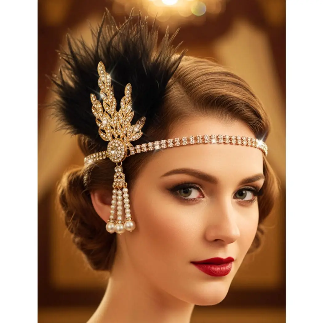 1920s Flapper  Headband Leaf Rhinestones Headpiece  Roaring 20s Headdress Hair Accessories for Women (Black ,  Size)